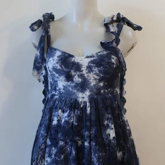 Womens LoveShackFancy Navy Blue White Tie Dye Eyelet Shoulder Ties Midi Dress 0 - Picture 10 of 15